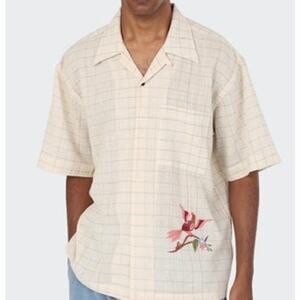 Kardo Ahist Handcrafted Embroidered Camp Shirt Bird Motif Cotton NWT Medium